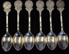 Set of 6 matching silver golfing teaspoons c1930s - each mounted with circular cross golf clubs &