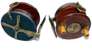 REEL: Rarely seen Marston's Patent alloy/mahogany Nottingham reel, brass 3 screw latch, amber