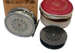 REEL & SPOOL: Hardy Perfect 3 3/8" alloy trout fly reel, Dup Mk2 check, black handle, rim tensioner,