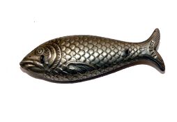 LURE: Early Patent hollow metal body fish lure, 4" long, stamped "Patent" to tail, 2 front