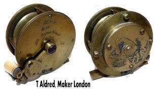 REEL: Rare T Aldred Makers 126 Oxford St folding handle brass winch, 2.75" diameter, 1.25" wide plus