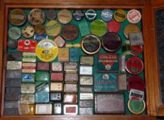 ACCESSORIES: Display collection of vintage split shot tins, fly tins, line treatment, hook and