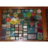 ACCESSORIES: Display collection of vintage split shot tins, fly tins, line treatment, hook and