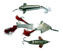 LURES: (3) Early metal Gravity Minnow lure, 2.75" long, 2 piece take apart body, dent to underside