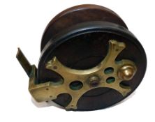 REEL: Allcock 5" mahogany/brass frog back sea reel, 3 screw drum latch, turned horn handles, brass