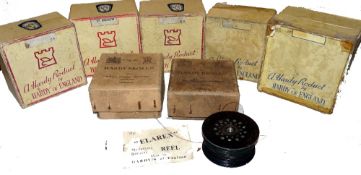 BOXES & SPOOL: Seven Hardy empty card reel boxes, 5 x cream boxes, Elarex, St Andrew, 3-3/4" Perfect