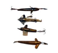 LURES: (4) A rare Wm Brown Patent Serpantanic wire minnow lure, 2" incl. leather tail, gilt