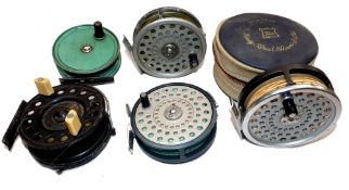 REELS: (6) Fine Hardy Marquis 8/9 alloy fly reel, black handle, smooth alloy foot, backplate tension