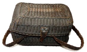 CREEL: Early French style woven reed creel, 13" x6" hinged lid, twin carry straps, light damage to