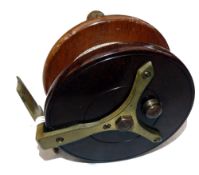 REEL: Unusual Bakelite/mahogany/brass Y back Nottingham reel, 4" diameter, turned horn handles on