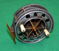 REEL: Fine early Allcock Aerial 4" narrow drum Centrepin reel, 6 spoke with tension regulator,