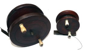 REELS: (2) Pair of early Nottingham reels, a 2.5" reel with tapered backplate, incised rings front