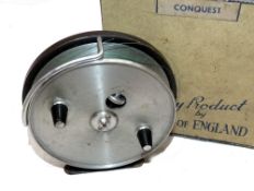 REEL: Hardy Conquest 4" alloy trotting reel in fine condition, twin black handles, face plate