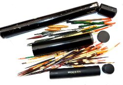 FLOATS: Three black japanned float tubes, 7", 9" and 17" long, containing good mixed collection of