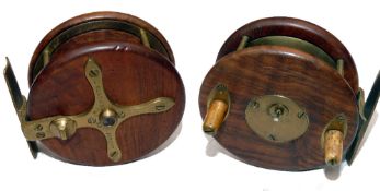 REEL: D Slater Patent  4143 wood and brass combination star back reel, 3 screw latch, twin bone