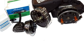 REELS: (3) Speedia 4" narrow drum alloy trotting reel, amber handles, button drum release, side