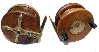 REEL: Early Slater Patent mahogany/brass combination Nottingham reel, in rare 3" diameter, 3 screw