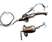 LURES: (2) Geens nickel Chase - Me bait, 3.75" long, metal curved body, with twin treble hook to gut