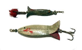 LURES: (2) Allcock's all brass Clipper lure, 1.75" long metal body, twin opposing fins, twin amber