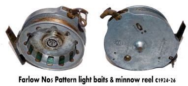 REEL: Rare Farlow & Co Ltd Patent No 5 Pattern alloy narrow drum reel, appearing in the 1924-26