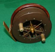 REEL: Fine 4" wood backed Coxon Aerial reel, ebonite drum, 6 spoke with tension regulator, crazed