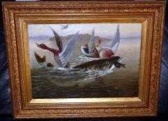 ORIGINAL OIL PAINTING: A Roland Knight original oil on canvass entitled A Naval Engagement, pike