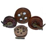 REELS: (4) Collection of wood & brass Scarborough pattern sea reels, 5" dia. Pownall Oil In reel