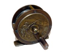 REEL: Original Reuben Heaton fishing scene brass reel, 2.5" diameter, 1" wide, curved winding arm