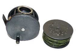 REEL & SPOOL: (2) Hardy Perfect 4" wide drum salmon fly reel, fitted with rotating nickel line