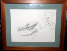 PRINT: Robin Armstrong unsigned print, trout in riverbed scene, charcoal/pencil drawing, mounted
