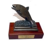 CAST FISH: Bronze effect cast leaping fish on mahogany plinth, overall measures 6.5" x3" x7" tall,