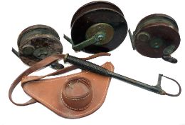 REELS & ACCESSORIES: (5) Allcock 7" wood/brass big game sea reel, single counter balanced handle,