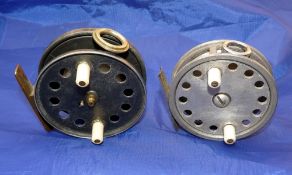 REELS: (2) Ogden Smith by Youngs 3.5" dia. alloy Swift style trotting reel, crazed white handles,