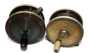 REELS: (2) Unusual 2.75" linear brass/ebonite silver bound trout fly reel with threaded screw