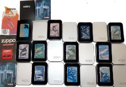 ZIPPO LIGHTERS: (11) Collection of eleven Zippo lighters, each with enamel painted fish scenes to