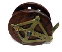 REEL: Allcock Neptune model 7911, 5.25" mahogany/brass diamond back sea reel, turned wood handles