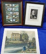 PRINTS & CARDS: Framed set of 10 Wills cigarette cards in double glazed wood frame, an early etching