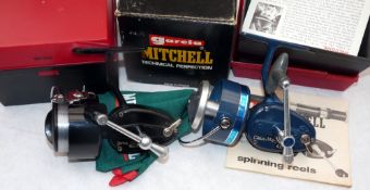 REELS: (2) Garcia Mitchell 410A reel, light blue finish, blue High Speed foil sticker, good bail,