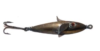 LURE: Cartman brass spinner lure, 2.5" long body on central leaded bar, amber glass eye in 4 pint