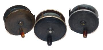 REELS: (3) Arthur Allan of Glasgow 4" Bi metal alloy/brass fly reel, horn handle, smooth check,