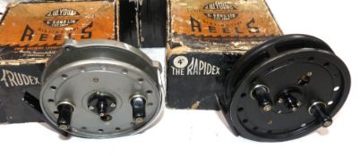 REELS: (2) JW Young Rapidex 4" alloy trotting reel in as new condition, black bobble finish, face