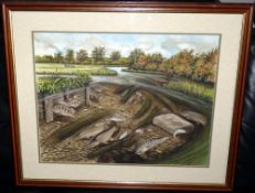 PRINT: John Searle signed print, chalk stream setting with multi species fish, double mount