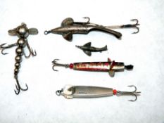 LURES: (5) Geens Patent Chase me 4" metal lure with gut trace and twin hooks, Allcock's Water