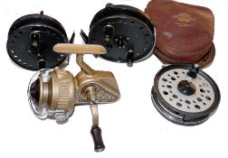 REELS: (4) JW Young Trudex 4" alloy trotting reel, black bobble finish, line guide, pear shaped