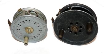 REELS: (2) Unusual 4" alloy twin handled fly reel, constant smooth check, brass rim tension