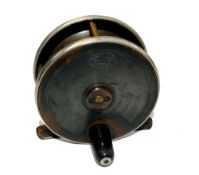 REEL: Fine Hardy half ebonite and brass 3" trout fly reel German silver rims, Oval log to face