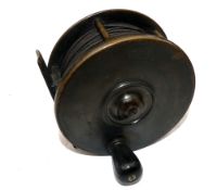 REEL: Fine early Malloch's Patent bronze brass Sun & Planet salmon fly reel, 4.5" diameter,