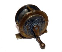 REEL: Heaton's of Birmingham  all brass fishing scene reel in rare small size, 2" diameter, original