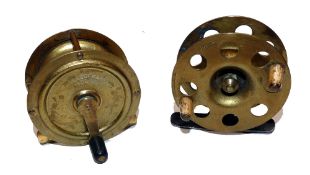 REELS: (2) An early Patent pressed brass and steel lightweight boys reel, 2.5" drum, vented front