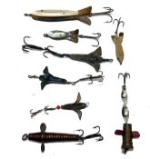 LURES: (8) Three early Hearder of Plymouth named metal baits, 1", 1.25" and 1.5" long, 3 x Lemax